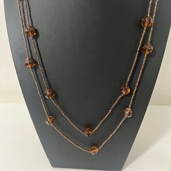 Amber Brown Glass Faceted Bead Long Necklace Bronze Seed Beaded Boho Layered - Picture 8 of 8
